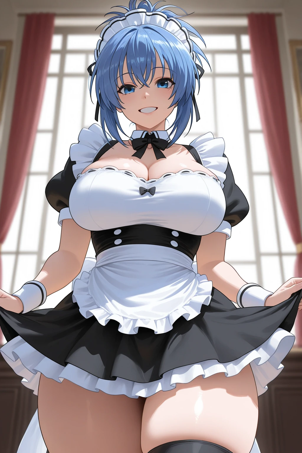 (high quality:1.1), cinematic lighting, extremely detailed, shadow,
AsagiriSachie, 1girl, mature female, milf, solo, (v, v sign:1.25), cowboy shot,
looking at viewer, happy, (blush:1.1),
blue hair, short hair, green eyes, detailed face,
maid, maidoutfit, maid headdress, blue shirt, cleavage cutout, apron, short sleeves, puffy sleeves, (black thighhighs:1.2), black legwear,
large breasts, curvy, cleavage, zettai ryouiki,
luxury mansion, royal room, windows, complex background,