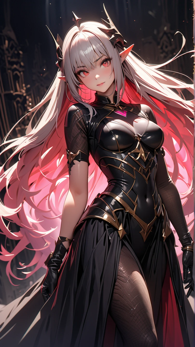 a beautiful woman, gorgeous blonde woman, messy and spiky hair, lonh hair, dark rose knight, pink eyes, pink elegant cute medieval short dress, fantasy, highly pink rose intricate armor, detailed face, bad smile, 8k, highly detailed, masterpiece, dramatic lighting, cinematic, atmospheric, fantasy art