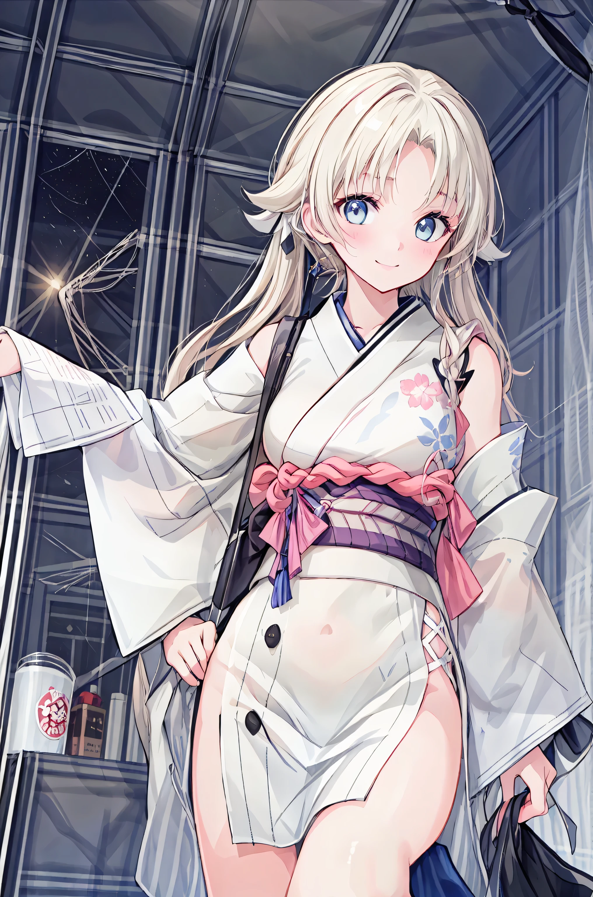 headphoneをつけて笑顔、Red cheeks、Detailed face、Official Art, masterpiece, Highest quality,1Portrait photo of a girl、, 16-year-old girl , Wearing a yukata、(silver, metallic, ) 8K, Blonde,short hair, High resolution, ( Butt:1.2)(headphone:1.2),(Excellent rendering, Stand out in the same class), (Amazing details, Excellent lighting, Wide-angle), Big Breasts(0.6), Plump thighs、Absolute area, Detailed Background、
