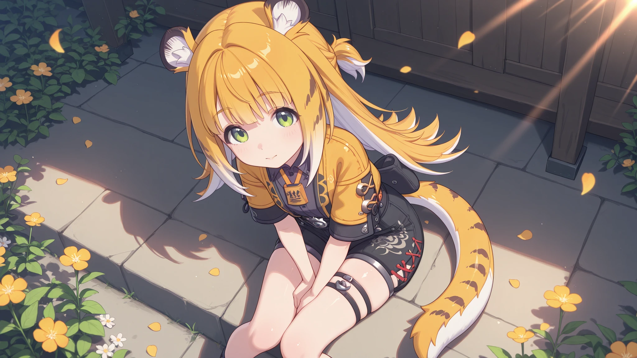 shiny skin, modest pose , sits
JuFuFu,
Shine, Shine, sun beam, flower petals in the background
high angle, looks at the viewer,
amazement, hands between knees