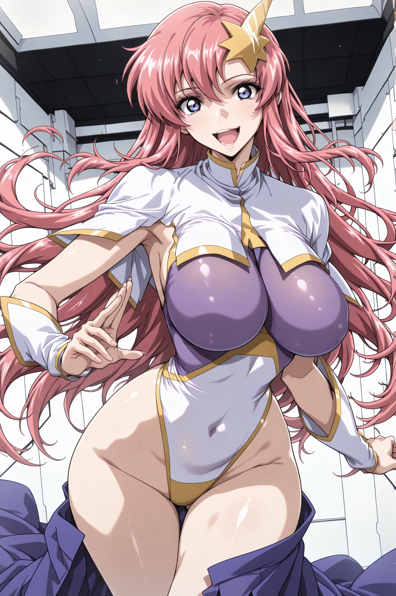 (masterpiece)、(best image quality)、(Super detailed)、(very detailed)、4k、(8K)、best image quality、(beautiful)、
more campbell, 1 girl, star hair ornaments, hair ornaments, pink hair, long hair, gloves, See-through leotard with maximum transparency Purple see-through leotard, White see-through leotard, A tight see-through leotard、super breasts、thick thighs、,light smile、stick out tongue、drool、Liquid dripping from the crotch、dynamic angle、noise removal、put your hands behind your head、Emphasize the crotch、chest strengthening、stage、perfect lighting、squat、pole dance、barefoot