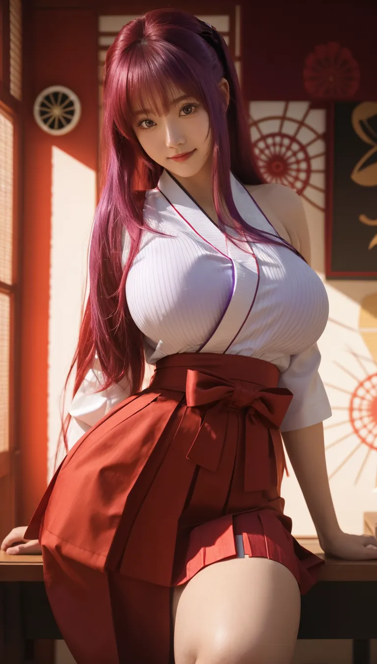front view detailed body, long belly , Slender body, tight body , thicc, large breast, breast, long thighs, masterpiece, long hair, very long hair, bangs, red hair,hair_between_eyes, very_long_hair, red_hair, huge_ahoge, green eyes, cowboy shot, front shot, looking at viewer,kimono, purple kimono,20yo,Young female,Beautiful Finger,Beautiful long legs,Beautiful body,Beautiful Nose,Beautiful character design, perfect eyes, perfect face,expressive eyes, looking at viewer,(Full_body),(Focus on her face), official art,extremely detailed CG unity 8k wallpaper, perfect lighting,Colorful, Bright_Front_face_Lighting,shiny skin, (masterpiece:1.0),(best_quality:1.0), ultra high res,4K,ultra-detailed, photography, 8K, HDR, highres, absurdres:1.2, Kodak portra 400, film grain, blurry background, bokeh:1.2, lens flare, (vibrant_color:1.2) (Beautiful,large_Breasts:1.4), (beautiful_face:1.5),(narrow_waist), facing the viewer