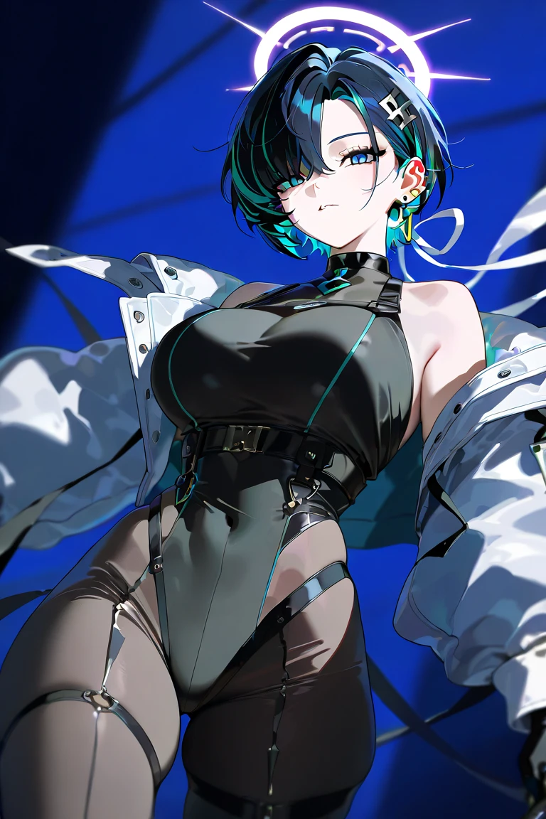 perfect body, sensual cleavage, medium breasts, black latex pants, girl with semen splattered on her face, Ultra HD, 4k image, view of the character from above, very tight clothes, better image quality, (fidelity: 1.4), light green globe eyes, eyelashes, beautiful pupils, shadows, slight blush, delicate facial features, reasonable facial features, exposed bare shoulders, exposed waist