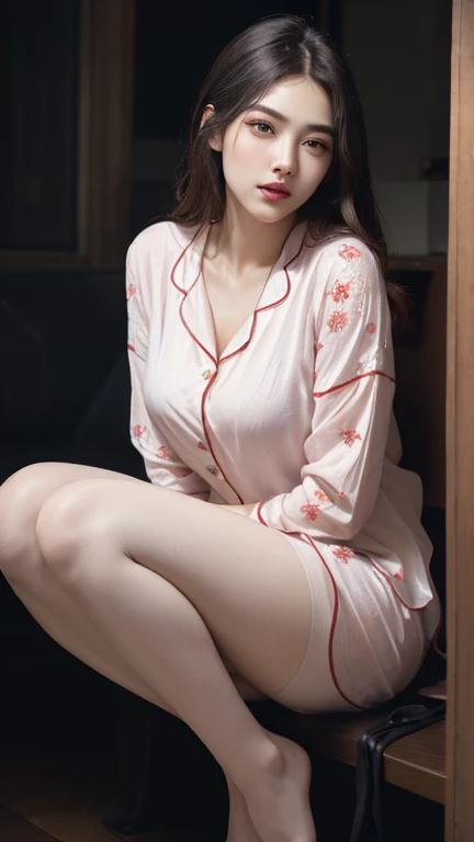 Surreal 8K CG，perfect faces，Impeccable perfection，ren，tmasterpiece，professional artwork，famous artwork，Innocent 14-year-old girl、((Wear ultra-thin cotton pajamas))、Wear small panties、Sitting in the room、A Smile、Raw foto, (8K、Top  Quality、​masterpiece:1.2)、(delicate detail:1.4)、(Photorealcitic:1.4)、octan render、Complex 3D rendering, Ultra-detail, Studio Soft Light (Studio Soft Light) (Studio Soft Light (Studio Soft Light)) (Studio Soft Light (Studio Soft Light) (Studio Soft Light (Studio Soft Light))) , Rim Light, vibrant details, Super detailing, Realistic Skin Textures, Detail Face, Beautiful detail eyes, Highly detailed CG Unity 16k wallpapers, Makeup-, (detailed background:1.2), shinny skin、turned around、exposed thighs!!!、
