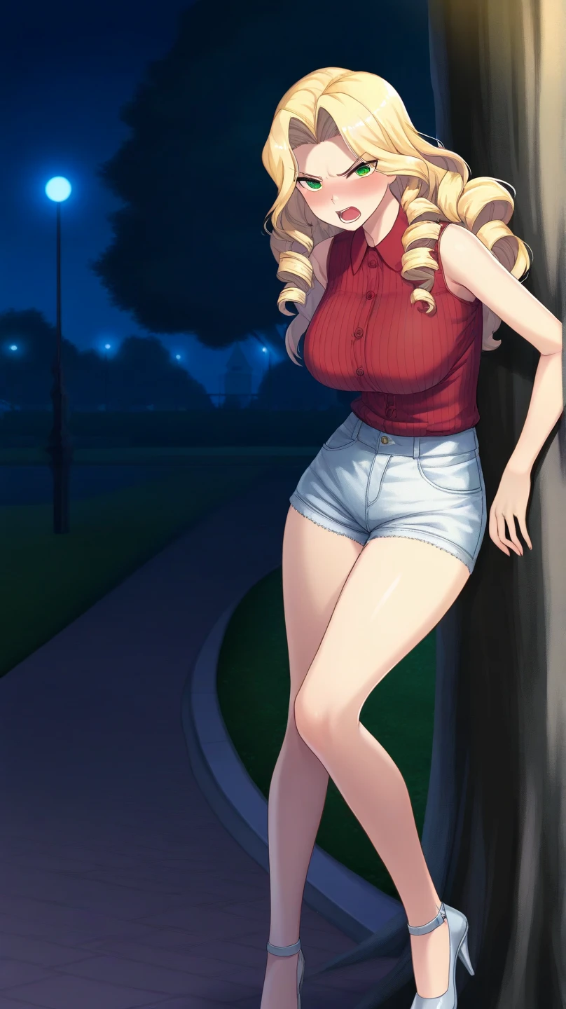 bbest quality, (masterpiece),(ultra-detailed), (high quality), (high resolution), (2heads:1.5) Gal, (blonde hair), messy hair, (brown hair), large breasts, thighs, shorts, cleavage, blue mini shorts, (close shot),best quality:1.5, highres, UHD, 4K), smiling, ((black tank top)), ((slim proportions)), black eyes, brown boots, ((full body)), strong girl, exposed midriff, county fair background, look each others eyes