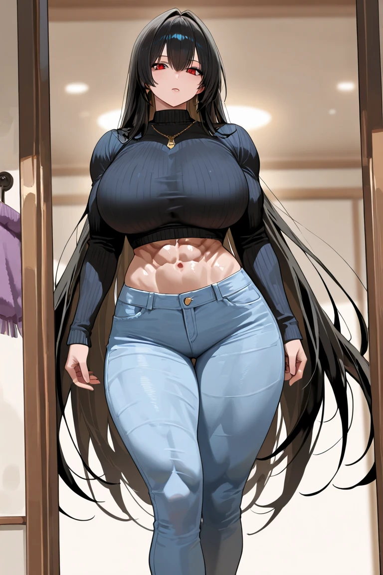 1 mature girl, beautiful face, blue eyes, red cheeks, smile, long straight hair, black hair, long bangs, seky body, colossal , overmany, big and droopy, big titietra, protruding nipples, wide hips, crop tops, mini pants, tight tops, casual clothes