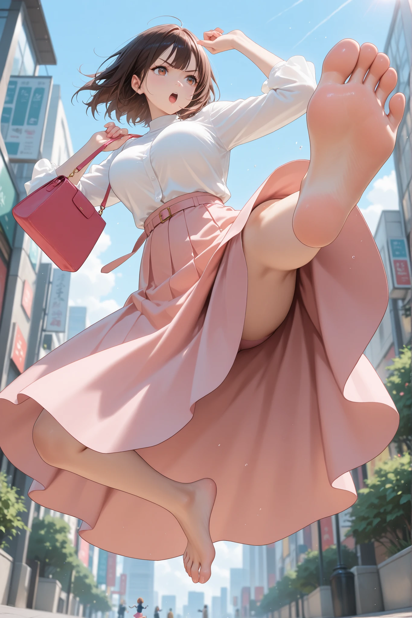 1 girl, minamoto_shizuka, bangs, ((((pigtails)))), schoolchild, 10 years old, pink top, pink skirt, white socks, white panties, (Towering legs: 5.0, towering body: 5.0, giant: 5.0))) )), (((City of Miniature: 2.0)))), ((Upskirt: 5.0)))), ((((Perspective: 2.0)))), Panty Focus