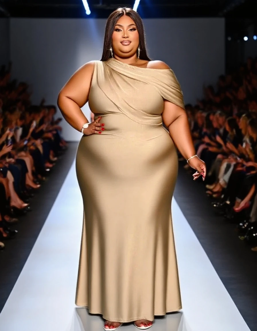 A plus-size US 10, supermodel confidently struts down the runway in a stunning autumn theme high fashion dress. paris fashion week. Her every step exudes charisma, breaking conventions and setting a new standard of beauty. The crowd is captivated by her confidence and style. Best quality, intricate details, clean lines, eye-catching composition, soft tones, semi-realism, perfect illustration, dynamic pose, ample headroom, t-s,full body