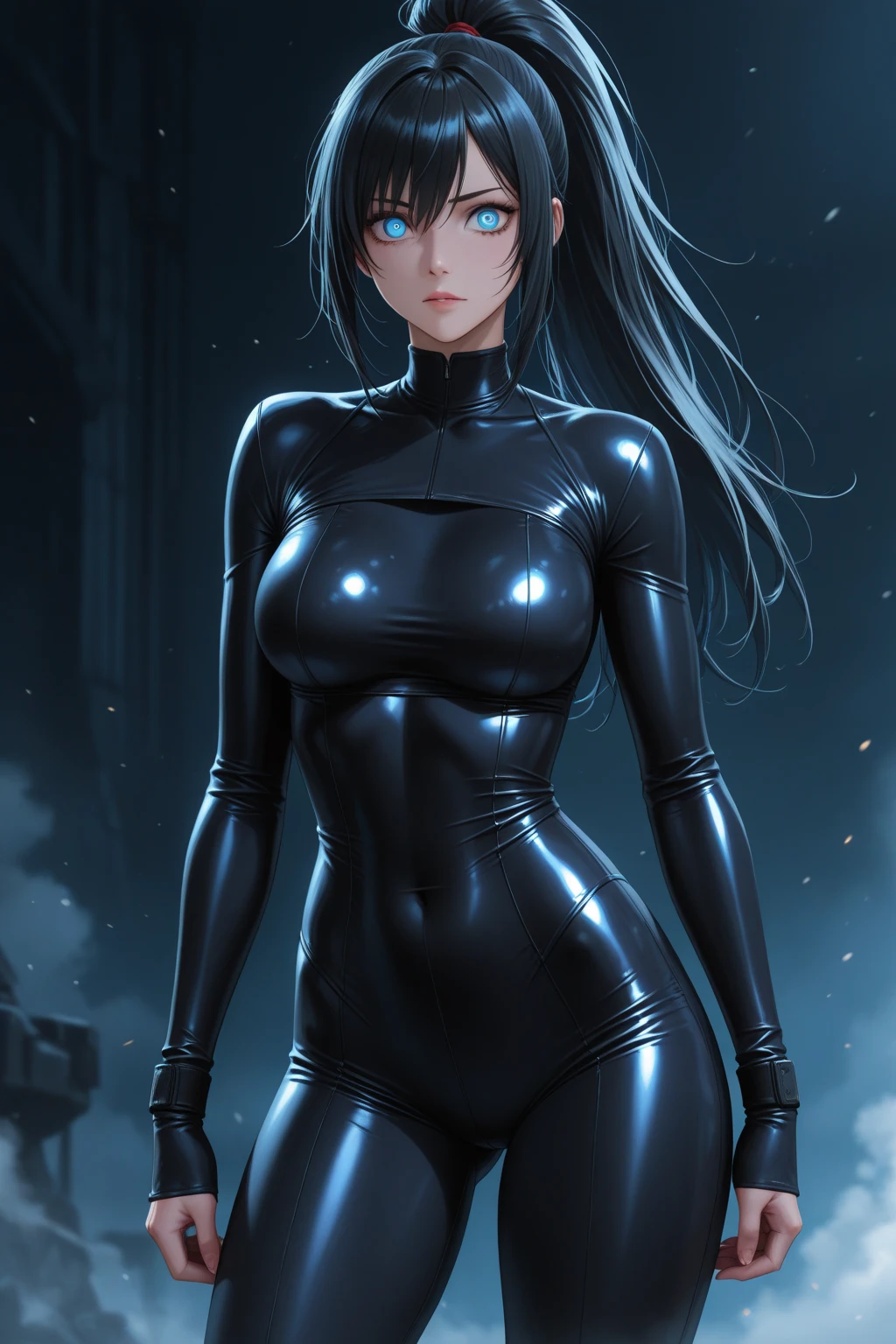 (((Masterpiece))), best quality, ultra-detailed CG unity 8k wallpaper, SFW (1person:1.3), woman, black emo scene hair, blue eyes, black and blue spider man suit