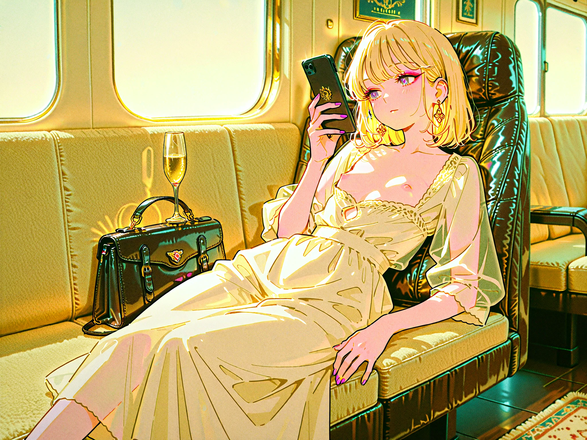 ((Beautiful slender thin girl 16 years old ((with a perfect, very beautiful gentle face)) with blond hair)) (rides in an empty train carriage) (Barefoot) (((nude))) (with small beautiful naked tender breasts) (with pink nipples) (with a slim waist) (with bare hips), (summer day, sunlight fills the carriage), (suitcases and bags), ((on the table there is tea in a glass holder and flowers in a vase, cookies and books)), (glare of the sun), (in a gentle watercolor style)
