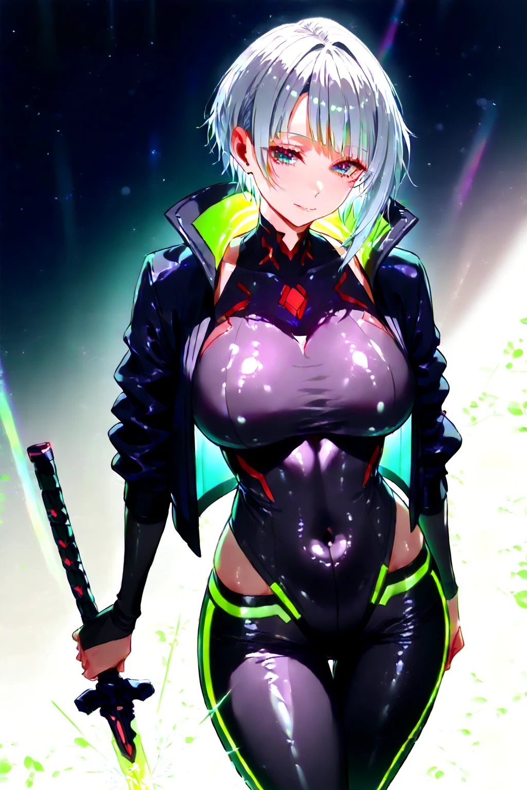 One young woman short white hair Glowing green eyes Black Skirt Holding a glowing green knife smile Black clothes Bust Size B Black gloves