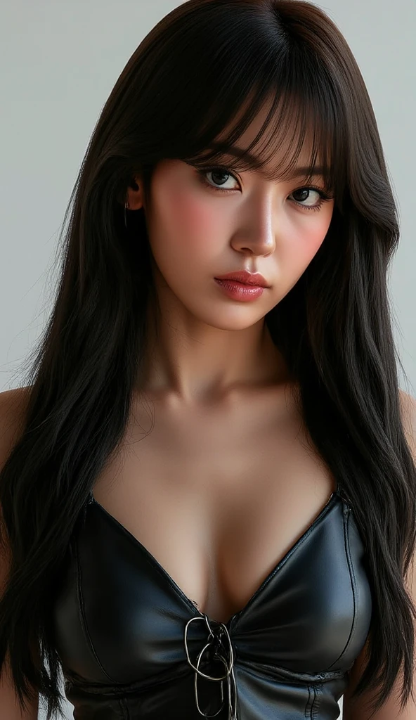 realistic, high resolution, studio lighting,1 woman,Korean girl, alone, (detailed face), Has curly brown hair, Delicate black leather, Weapons and equipment,Clothes leak,leather suit,sci-fi, ear nipple ring,side face,(upper body)(face closeup)(The chest is wide open.:1.5,biggest,G Cup:1.5)(paint on your face)(no,Straight breasts)(Deep V-neckline:1.5)(high angle lens)