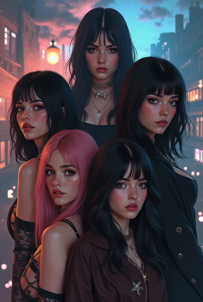 The age of metals 4 friends one with medium hair with bangs black hair ,other. Redhead white girl,one with eyeliner, long straight black hair and bangs and the last one with medium hair and green eyes, black hair