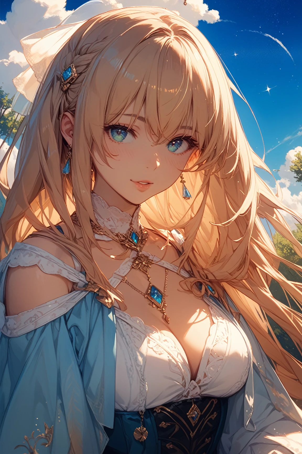 Beautiful white and shining skin、Blonde hair changes color depending on how the light hits it.、Long bangs obstruct the view、Highlights of cheek luster、Sexy, very beautiful, adorable, cute, gorgeous face、The most beautiful face in the world、Super long and gorgeous blonde hair、Smooth straight hair、big, light blue eyes shimmering、Beautiful Bangs、Beautiful and cute 16 year old girl、small breasts, cleavage, Off-the-shoulder clothing、background:GB, ruins
