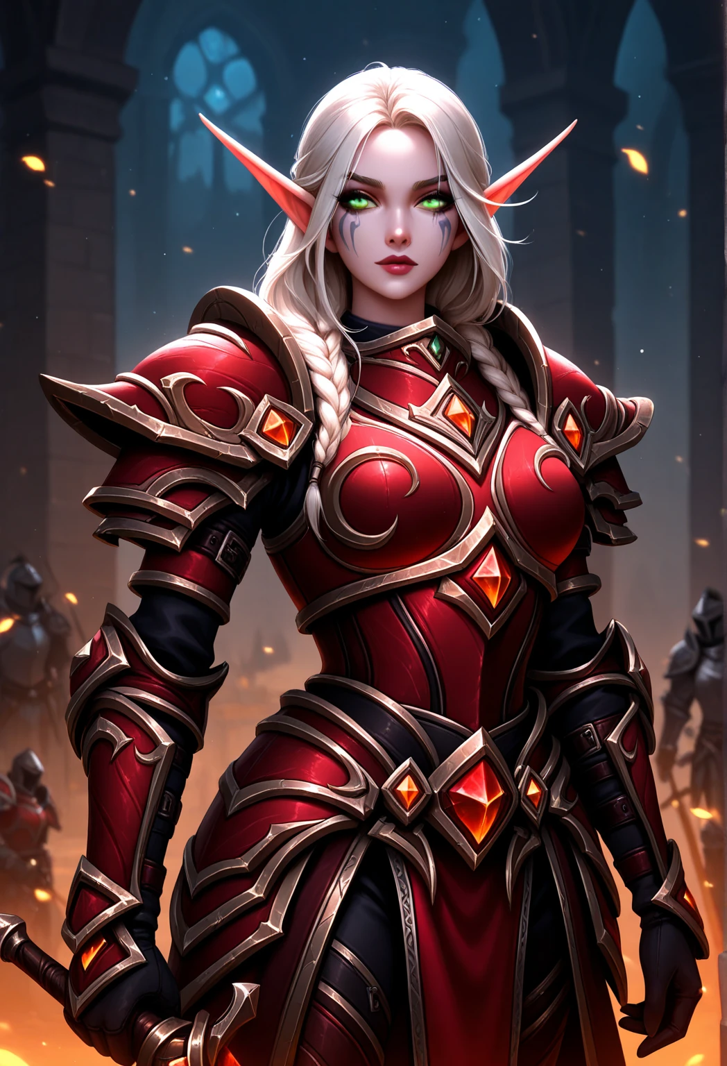 <lora:Clothes - Bloodfang:0.9> bloodfang, red and black armor, hood, demon, shoulder armor, gauntlets, gloves, holding a glowing daggers, masterpiece, best quality, 1girl, ultra detailed background, towers and castle, flaming, explosion, epic, war,  elf, pointy ears, facial markings, pointy ears, cowboy shot, standing, white hair,