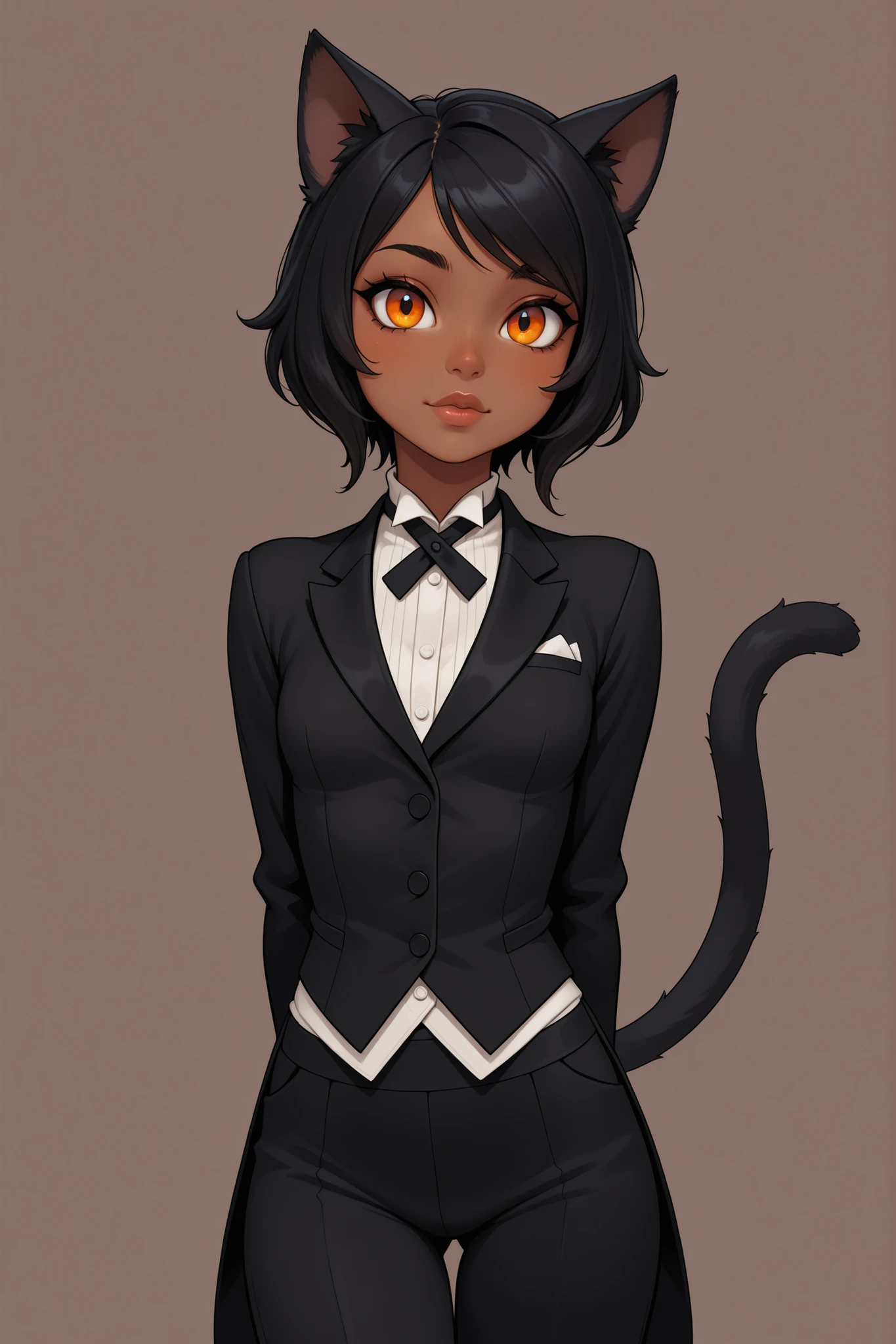1girl, cute, dark skin, black hair, orange eyes, cat girl, neko girl, butler, lips, attractive body, slim