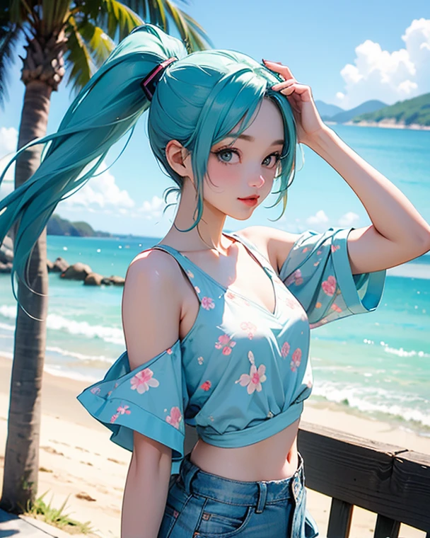 Aisha hanabi, blue hair, ultra wide angle, selfie, beach, magical