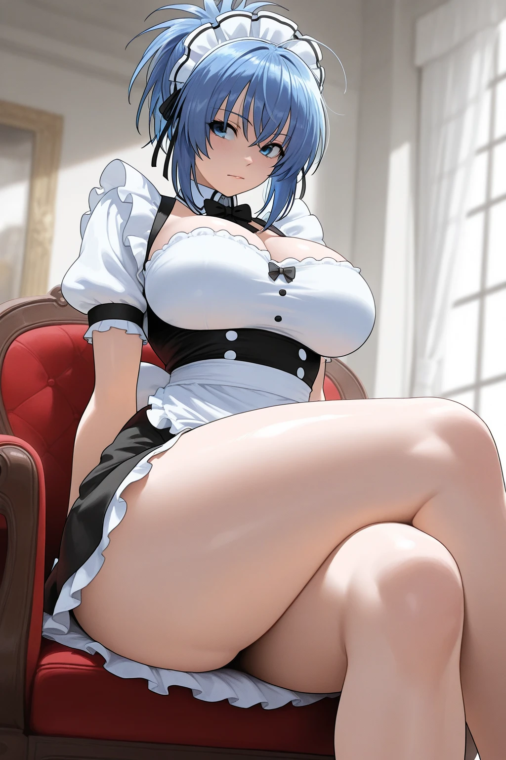 masterpiece, photoreal, high definition, slim waist, long legs, wet skin, huge ass, huge breasts, masterpiece, best quality, absurdres, perfect anatomy, 1girl, solo, Rei Ayanami, (1990s \(style\), blue hair rei, short hair, standing, smile,  maid outfit, white thigh highs, on bed, covered in cum, wet skin, cum drip, bukkake, breast milk, cum on face, cum on tits, open mouth