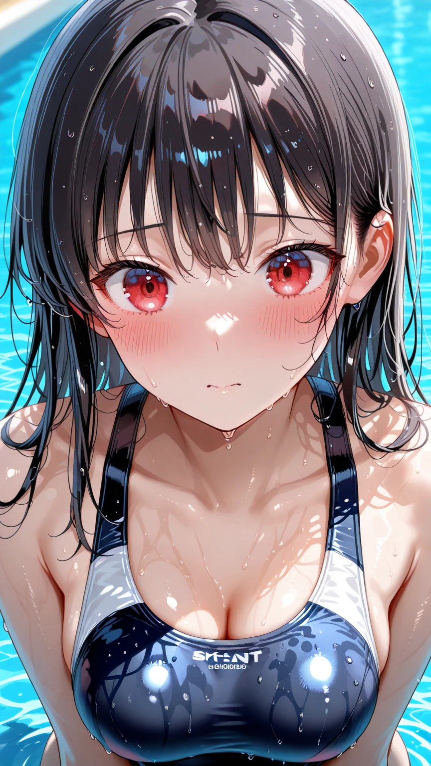 {{Super detailed}},{{{masterpiece}}}, {{{Highest quality}}}, {{Beautiful face and eyes in every detail}},{{Highly detailed skin}},Professional Lighting, Physically Based Rendering,4K,8K,Japanese Idols,very cute, Break 1 Girl, jtfmob, Hello, Hair above the eyes, Black Hair, Long Hair, (half close your eyes,Red eyes:1.2), Ripping wet clothes,Swimsuit, One piece swimsuit, latex,close your eyes,smile,Embarrassing,Apply blush all over the face,Leaning forward,Place your arms between your legs, Breaking the front view,Backlight,Cowboy Shot,View your viewers,School swimming pool,Poolside,(vapor,Very wet,Glowing Skin:1.2),