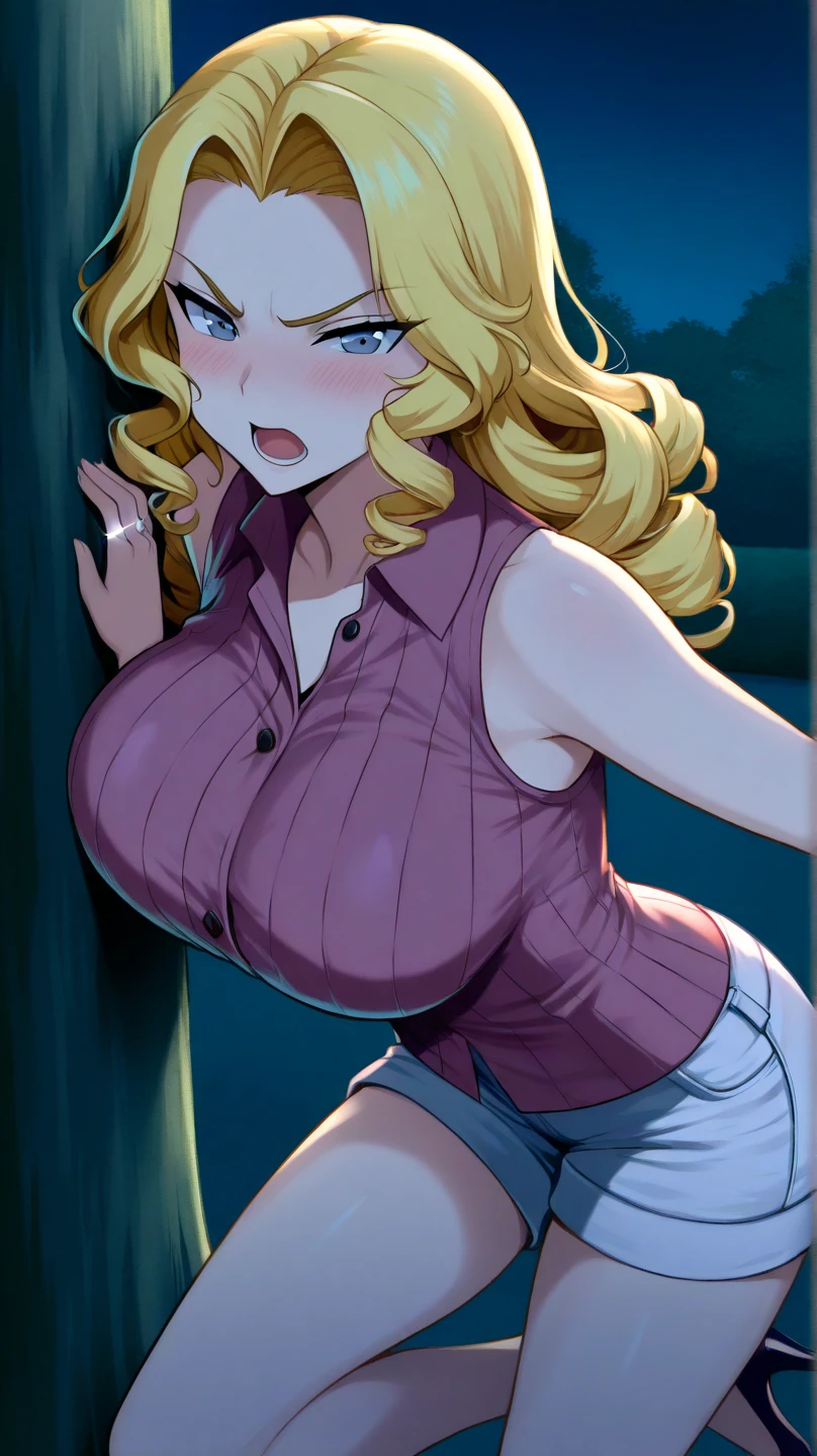 Blonde hair, Purple eyes,Straight long hair, Looking at Viewer, Standing, Upper body, White jacket, Open jacket, Black shirt, Strapless, Navel, Midriff, Short shorts, Smile, masutepiece, Best Quality,