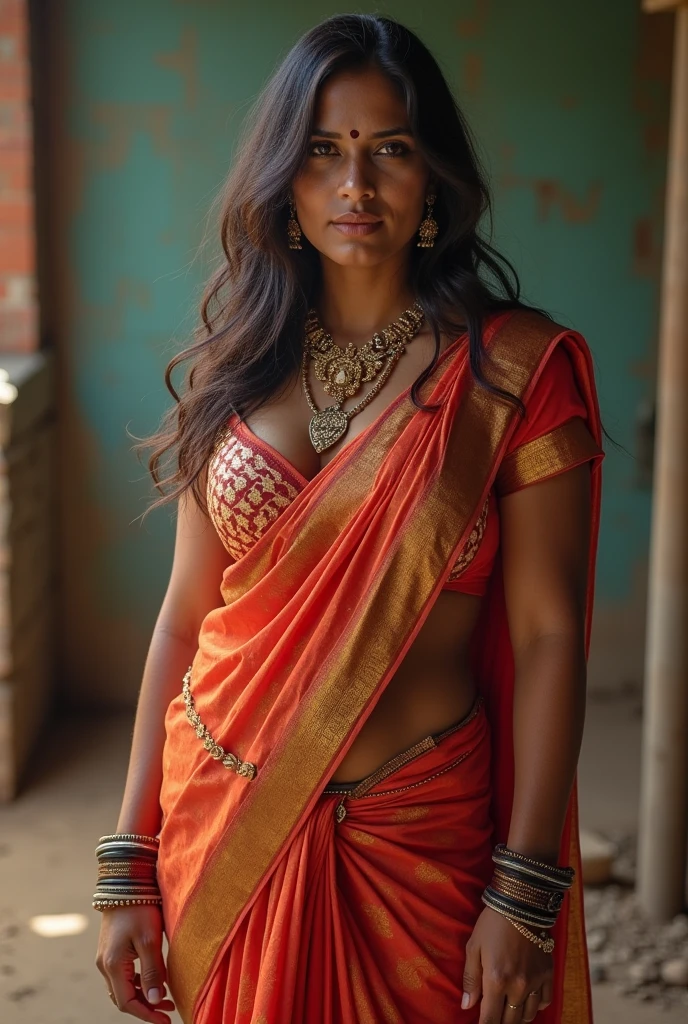 Photo of a 18-year-old Indian girl, raw, Exceptional beauty, (Long, wavy, sun-kissed black hair), intricate facial details, flawless complexion, full body picture, embodying a village girl vibe, dressed in a transparent silk cloth, village mood, old clothes, giving off an ethereal atmosphere, shot on an Indian road. Top-notch 3D rendering, hyper-realistic, photorealistic digital art trending on Artstation 8k HD high definition detailed realistic, detailed, skin texture, hyper detailed, realistic skin texture, armature, best quality, ultra high resolution, (photorealistic:1.4),