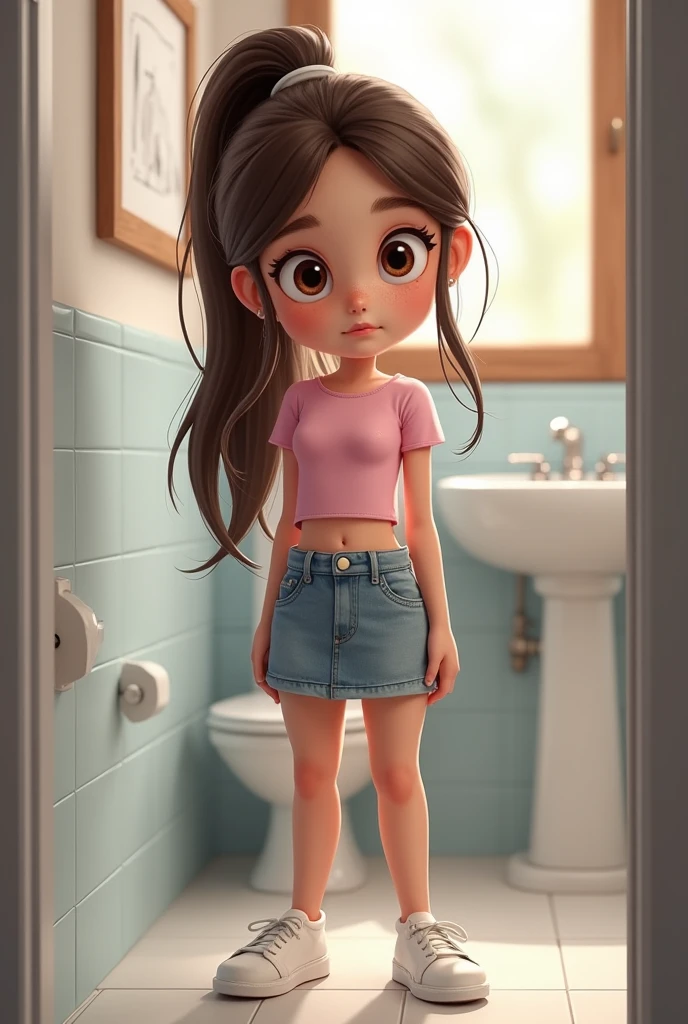 A girl 10 - 12 years standing in bathroom, she wear crop rop and short shorts, she smiling, she looking at viewer, she wear crop top, she wear short shorts 
