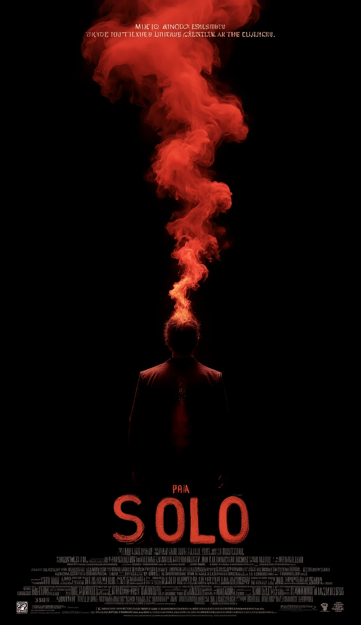 Spectacular movie poster called "S O L O" with an impressive design, Where a minimalist black background appears with a human silhouette on his back and a small colored smoke comes out of his head "Mario Ainoza presents"