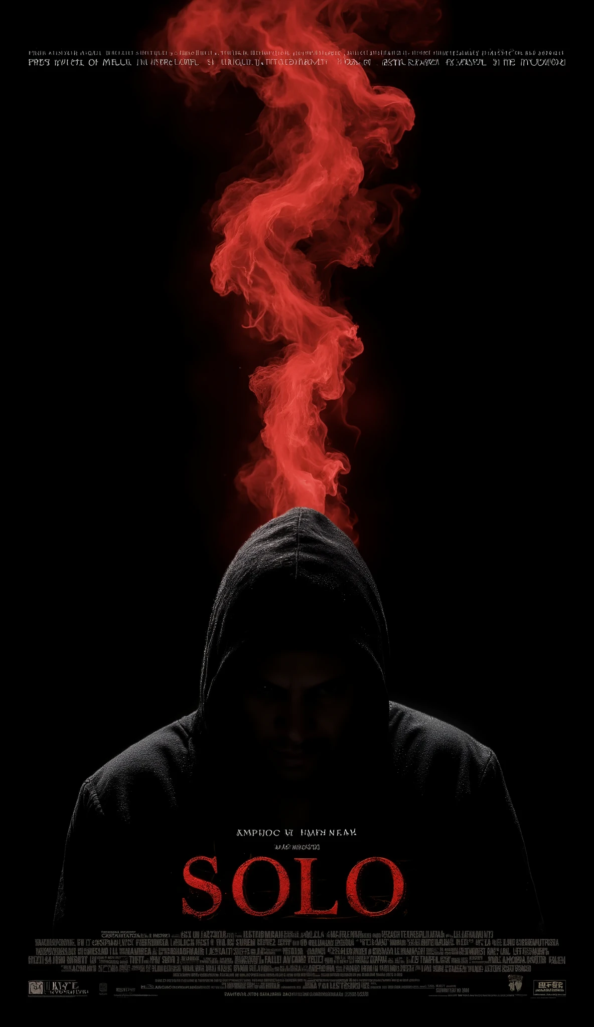 Spectacular movie poster called "S O L O" with an impressive design, Where a minimalist black background appears with a human silhouette on his back and a small colored smoke comes out of his head "Mario Ainoza presents"