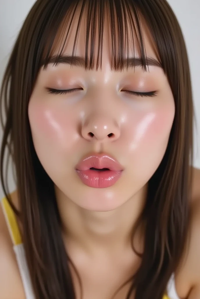 ((masterpiece, highest quality, High resolution, Photoreal, RAW photo, 8k wallpaper, Award-winning work))、 (1 45 year old Japanese mature woman:1.1)、(accurate anatomy:1.1)、sexy woman, detailed face, bangs, soft little cleavage、(nude:1.2)、(Hair drenched in sweat:1.2)、wet hair、(sweaty shiny skin:1.1)、(Skin that glows wet with sweat:1.1)、perfect makeup、bright red lipstick、plump and beautiful lips, Beautiful and shining lips、(close-up of woman's face:1.5)、(Blurred luxury love hotel bedroom:1.1)、Warm and romantic lighting, moody colors、Bewitching、Overflowing sex appeal、Ultra high definition beauty face、ultra high definition hair、Super high-definition sparkling eyes、(超High resolutionの艶肌:1.1)、超High resolutionの艶やかな唇、glossy and bright lips、(a lot of semen on the face:1.5)、(Close-up of semen-covered face:1.5)、(completely closed lips:1.3)、(close your lips and smile:1.1)