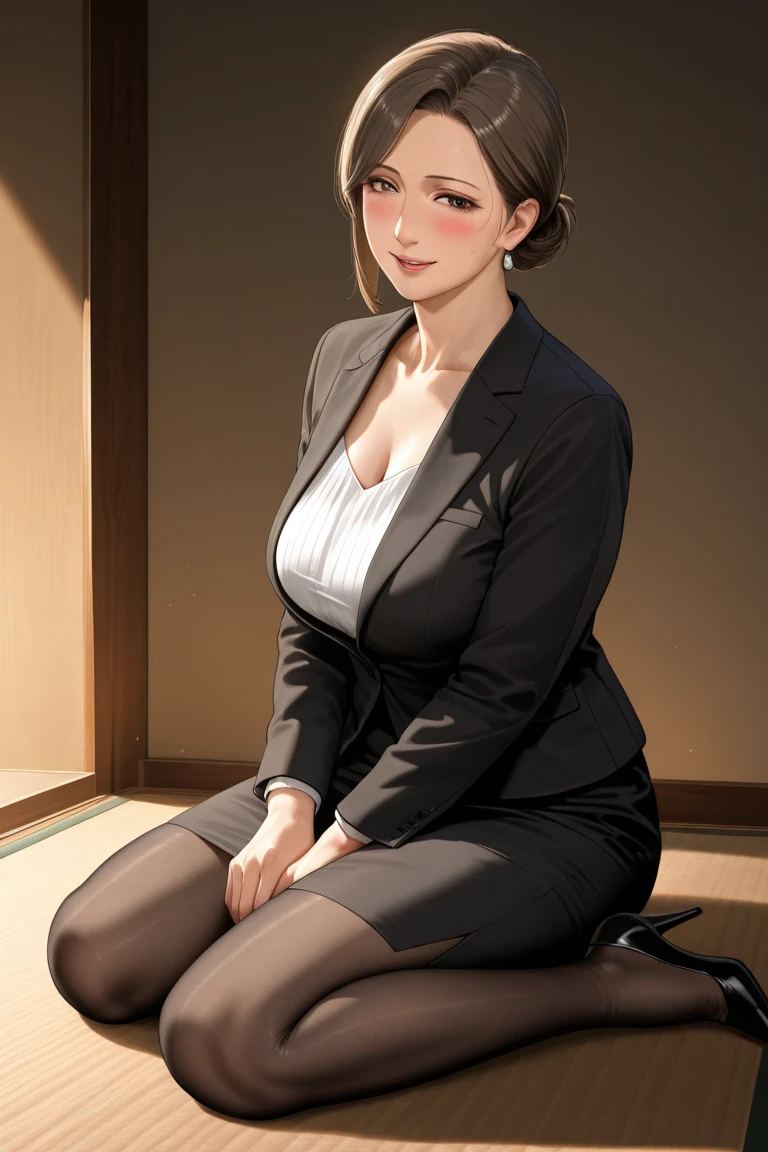 masterpiece,best quality,absurdres,photorealistic,mature female,sagging breasts,<lora:daihua:0.6>,brown_hair,large_breasts,short_hair,brown_eyes,thighhighs,cleavage,office lady,
