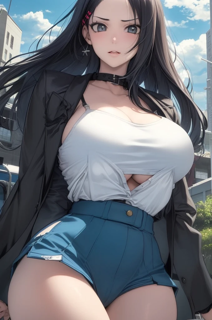 BREAK (masterpiece:1.2), best quality, high resolution, unity 8k wallpaper, (illustration:0.8), (beautiful detailed eyes:1.6), extremely detailed face, perfect lighting, extremely detailed CG, (perfect hands, perfect anatomy),city,street,night,wet road, city lights,teacher,long haired,black hair,ponytail,glasses,hair between eyes, big eyes, blue eyes,white blouse,cleavege,neckline,unbutton blouse,medium breasts,white bra,nipples see through,skirt,brown skirt,long skirt,pencil skirt,fishnet stockings,horny face,open mouth,black choker,upskirt,panties,showing panties,long legs,