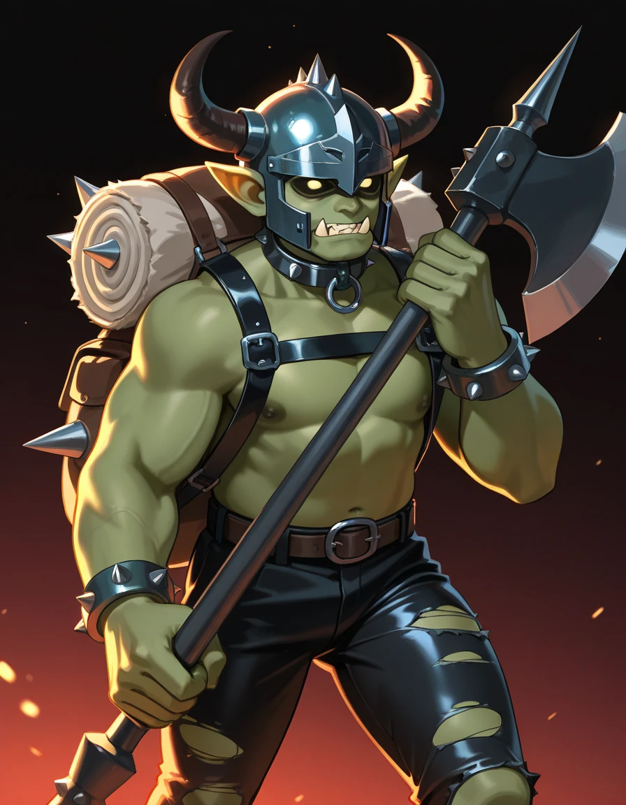 score_9, score_8_up, score_7_up, solo, male focus, muscle male, young , orc, green skin, tusks, beard, , micro armor , shoulder armor , strip club , (( black damaged tights )) , tentacles , full body , armor boots , ashamed face