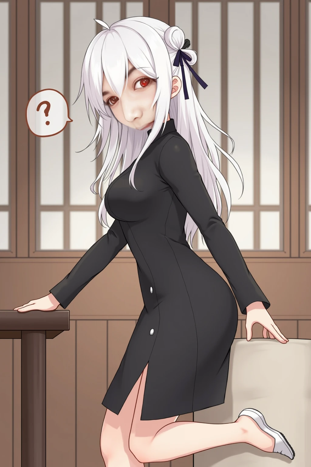 anime , Silver Hair,Bob hair big breasts,((Lori))(High quality eyes) ,(squat), Looking at me Indoors, solo, ((school uniform)) (Black Uniform) Embarrassed, Charming smile blush, (From below)+, ((Yellow smoke rising)) (Stand in front of the screen),(Her ass is facing the screen)) (((A girl farts)))(White)