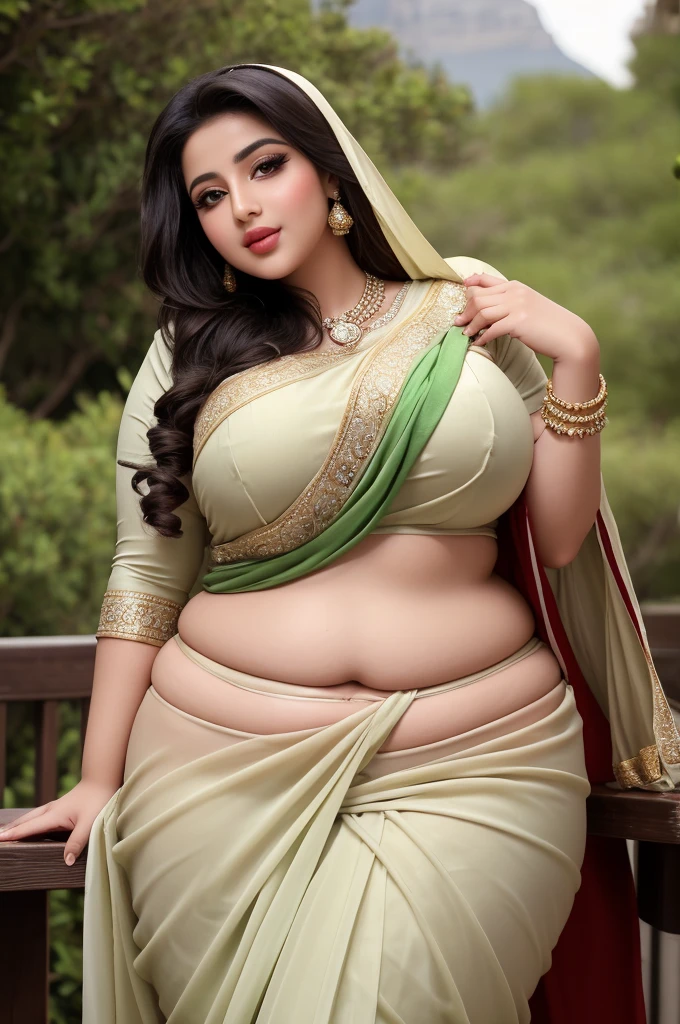 1 Heavenly beautiful and goddess beauty cute and sweet looking face Arabian woman in front of Mount Kilimanjaro, Heavenly beautiful Overweight, Heavenly beautiful Extremely fat, Heavenly beautiful and attractive Chubby figure , Heavenly beautiful looking and eye catching luxury style tight fitting Elegant saree, reaching out, Heavenly beautiful Arabian woman, 16k, High resolution, masterpiece, highest quality, fine skin, close up figure view, Realistic Photograph