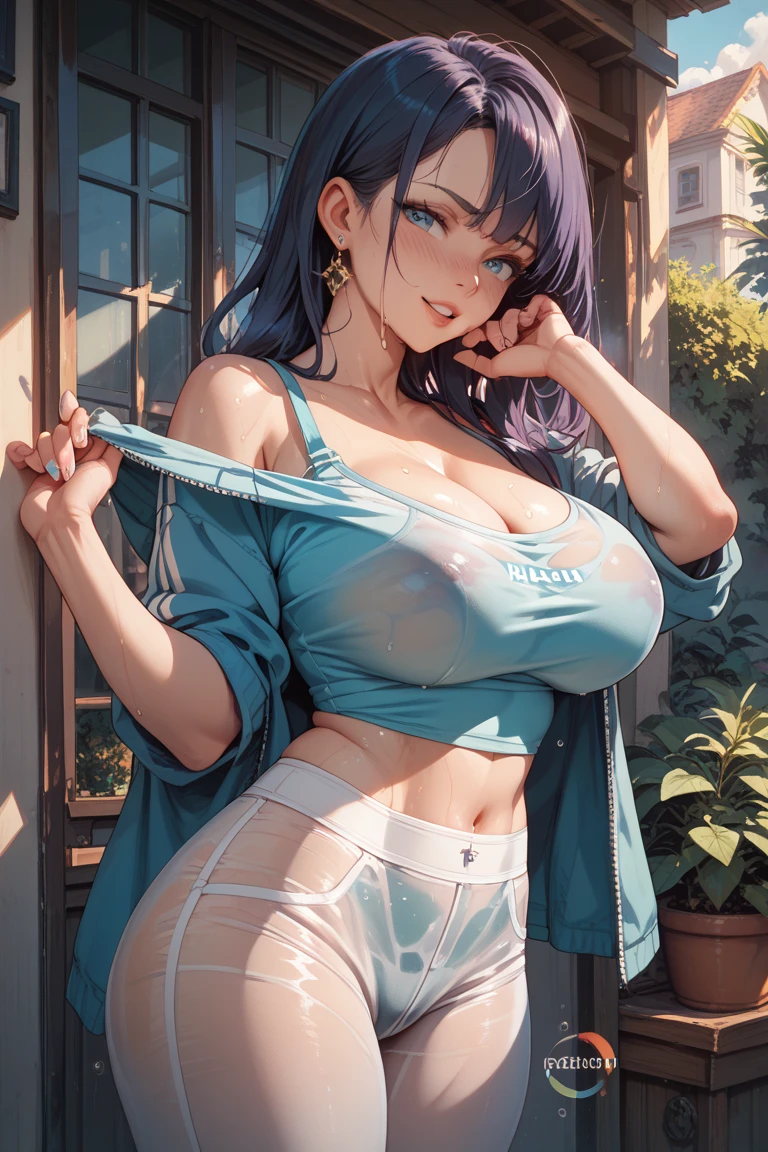 a 20 yo woman、Black-haired head hair、Bery short hair、Big smile、cleavage of the breast、Clothes with fluttering breasts、(hi-top fade:1.3)、dark themed、Muted Tones、Subdued Color、highly contrast、(natural skin textures、Hyper-Realism、Soft light、sharp) Black skirt, (Blue sweater:1.5), Long sleeves, off shoulders, off-the-shoulder sweater, Puffy sleeves, Tight-fitting jeans,Sweaters, White ribbon,women's pictures , tits out, 8K UHD, Lunette de soleil, JINS, Digital SLR, hightquality, film grains,