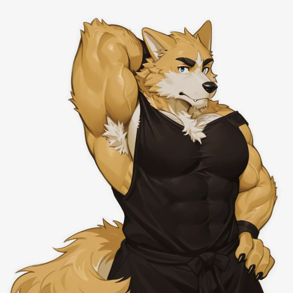 furlong, muscular male, bara, orange eyes, wolf tail, black fur, (pose:1.3), (posing:1.3), (soft shading), 4k, hi res, five fingers, detailed hands, ((detailed face, (detailed eyes:1.0), detailed)), (full body), by zackarry911, by zaush, (by personalami:0.5), solo, looking at viewer, blush, 1boy, ass, male focus, thighs, looking back, from behind, feet out of frame, bottomless, thick thighs, tank top, ass focus, white tank top, flaming eye, flexing, red fire hair,POV