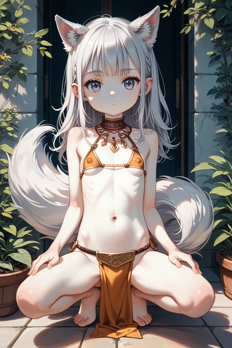 best quality,best resolution,(fluffy anthro furry :1.6),(young :1.8),snow leopard girl,flat chest,(light grey hair),long hair,wavy hair,blue eyes,glistering eyes,sparkle eyes,(light grey fur),(light grey leopard ears),(light grey leopard tail),(black leopard printed fur :1.3),naked,night,fullmoon,moonlight,white light,(white florals forest),(white flower field),(glistering white flowers pool),white flowers embroidery,heavy breath,full face blush,looking at viewer,(heart expression eyes),(heart eyes),shy face,smile,stand,legs in water