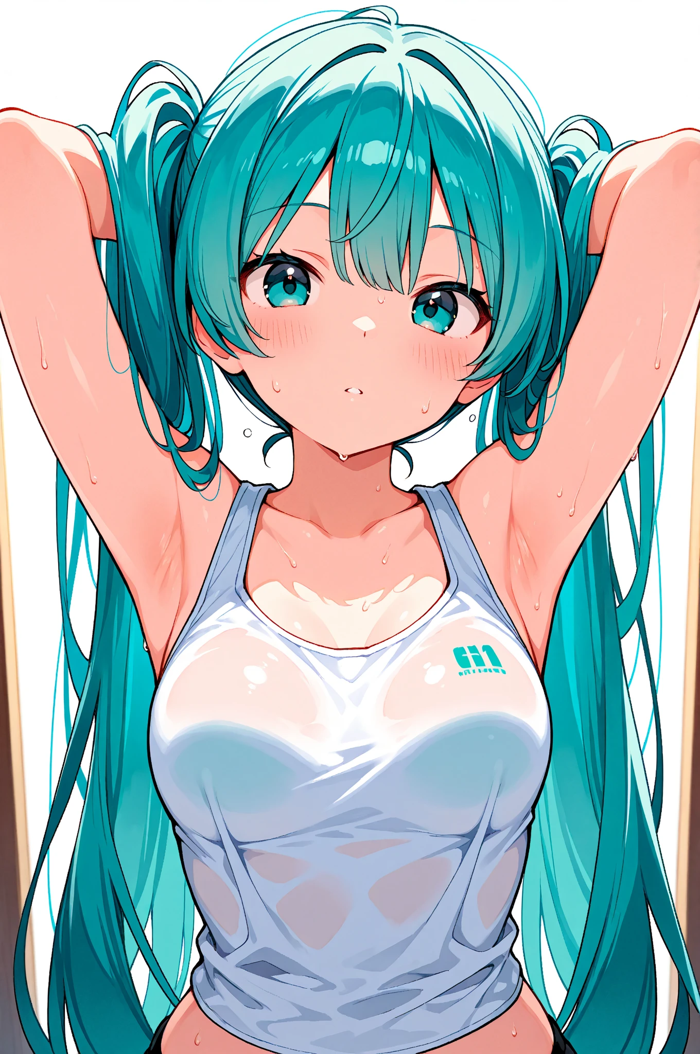 masterpiece, Highest quality, very aesthetic, Absurd,One girl,Areola_slip, ,Hatsune_Miku, Vocaloid, very_length_hair, Twin tails, number_tattoo,Aqua_eye, Aqua_hair,,White lace tube top dress,Mouth is distorted, :3,In the kitchen,Front view,Blur the background,Background blur,underwear,underwearの透け
