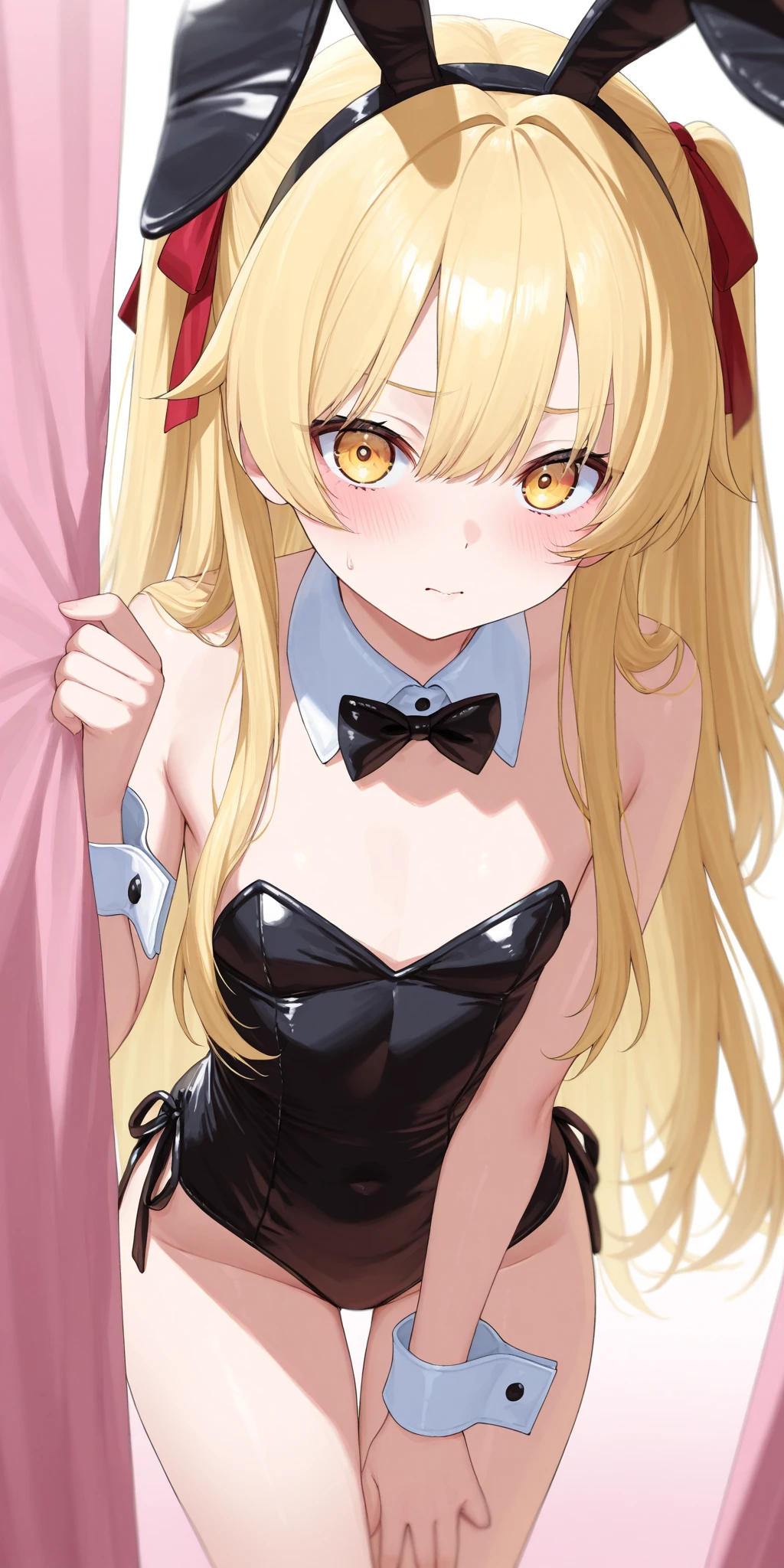 Anime femboy, Fine skin, cute, Very detailed, 8k Very detailed face,
fate testarossa, long twin tails, bronde_hair, black_ribbon,
Completely naked, nipples, Pussy Line
otoko no ko , a feminine boy, ((Femboy)),