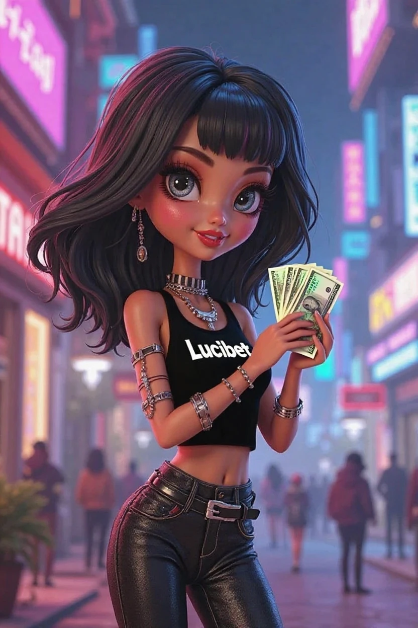 ((Accessories)) ((detailded)) ((well done art)) ((cabelo da Betty Boop)) a woman with short black hair and bright blue eyes, an intimidating gaze, a short black dress, a large bust, dressed in the gyaru Style
