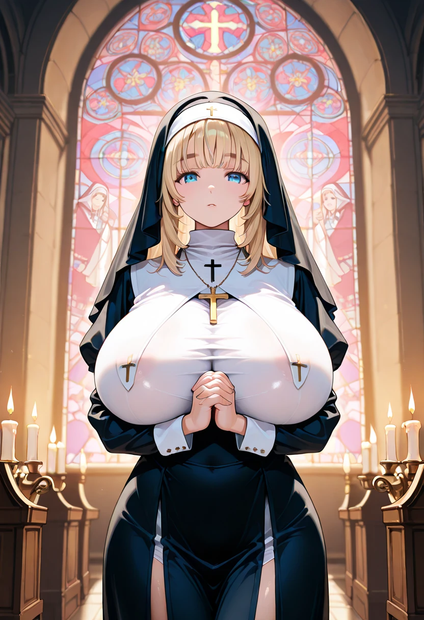 (Solo 1 Cute nun praying:1.3) Standing in church, (Pray with hands clasped over your chest), Very thin, (black sheer long dress:1.5), (Huge Breasts:1.3), (A busty, perky chest:1.2), (Thin black long skirt:1.4), incredibly thin waist, Close ~ eyes, Red nose, Open your mouth, (Heavy breathing:1.2), Stained glass, whole body, 8k, Very detailed, masterpiece, Beautiful detailed hair