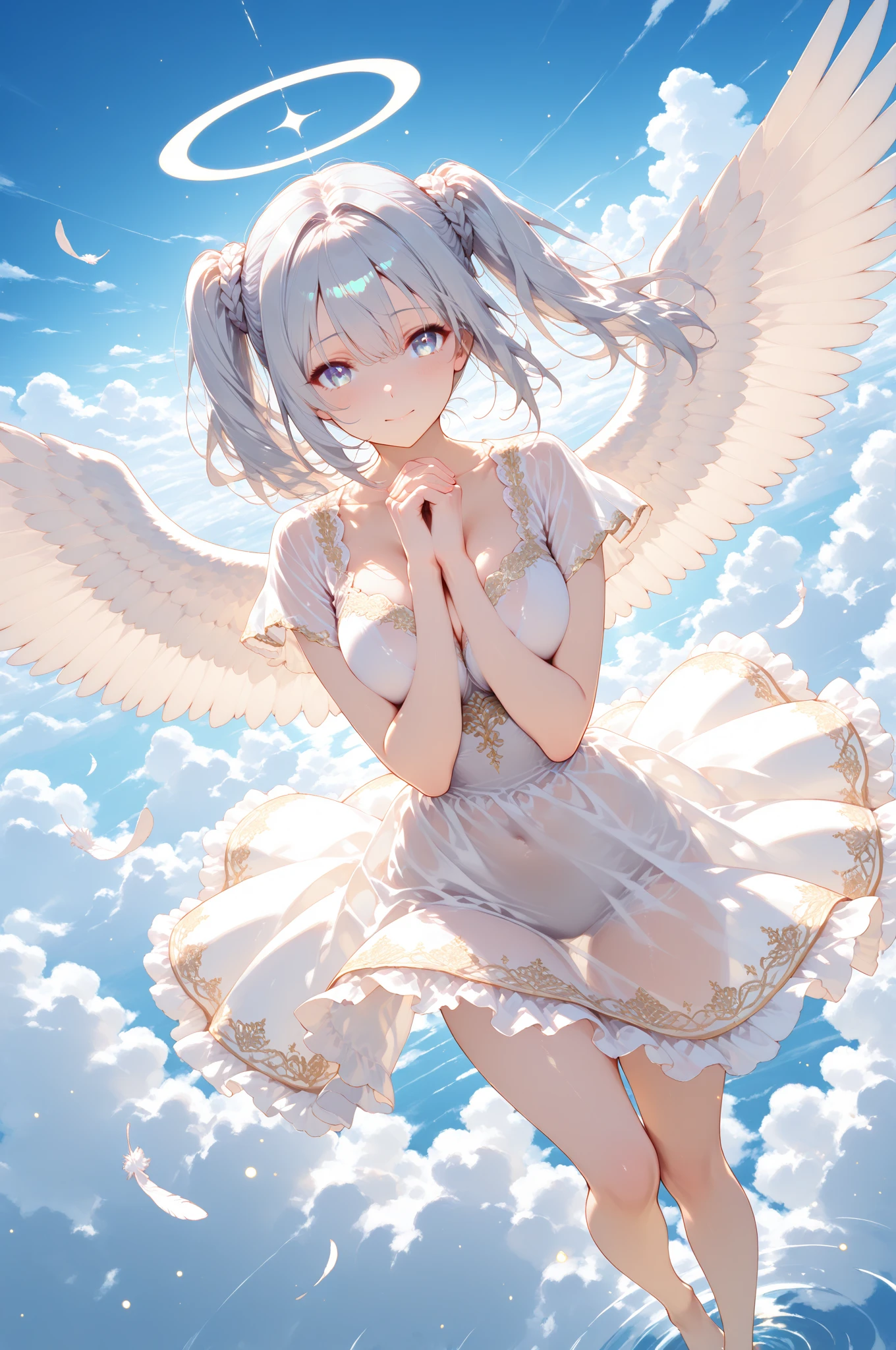 high resolution、High definition、8k、Anatomically correct、alone、null、cloud、Warm Light、distant cityscape、(Floating high in the air, with knees hugged to the chest)、close your eyes、Angel、Fully floating、diagonal、