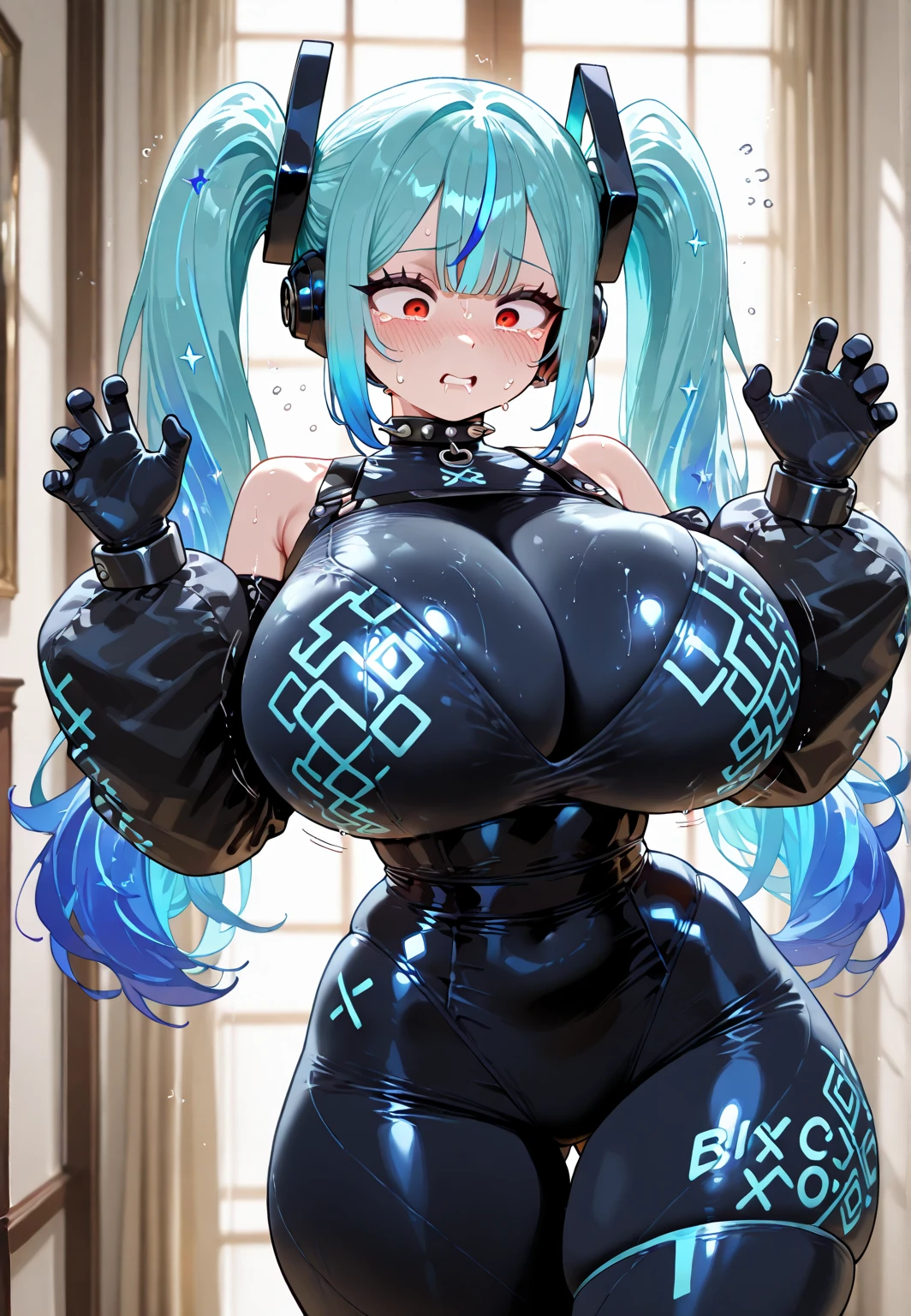 ((highly detailed)), nikke, privaty, perfect human hands, (great breast:1.1),masterpiece, best quality, ultra-detailed, glistening shiny, glowing light, ray tracing, HDR, deph of field, (perfect face, detailed face, detailed eyes,perfect hands,perfect fingeredium :1.2),8k,HD,ultra realistic face,ray tracing,perfect lighting,best quality, ultra-detailed, shiny eyes, (looking at the distance, serious:1.1), ((1girl:1.2)),cowboy shot,thicc,streaked_hair,((blue gradient hair)),multicolored eyes, gradient eyes, (glowing eyes:1.5), mascara, (fashion make up), (parted lips,blush,cameltoe, night city, street, pool, crowd, cars, lights, city),((super detailed background)), dynamic poses, ((8k wallpaper)), (mature female), hat, white headwear, black thighhighs, (((sitting spreading legs))), (pussy), (((pussy juice))), nipples