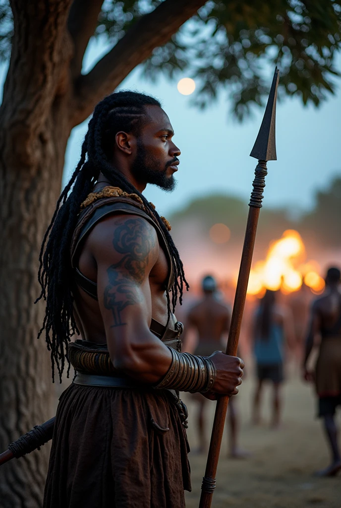 create an old African god walking through the forest with a bow and arrow in his hands,vestindo uma pele de animal,with pretty hat made of leather and feathers,