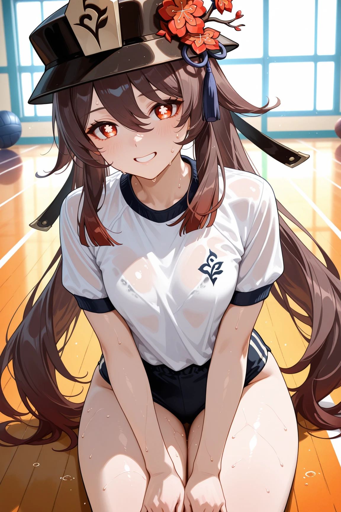 (((1 girl))), ((Best quality)), ((Masterpiece)), ((ultra detailed)), (Illustration), (Detailed light), (Very gentle and beautiful), (beautiful detailed eyes), (Sunbeam), ((extremely light)),  ((very clothes)), (((hyper detail)))

(((sports uniform))),
,

wavy long hair, ((((dark brown hair)))),  ((long hair)),
(((deep orange eyes))), 

(((whole body))), from 13 to 16 years old, 
(((Condescending expression))), (mischievous smile with sexual satisfaction),  (((very nice))), (((very thin shape))), 
(((extremely beautiful detailed face))),

(((squatting in the school gym))), (((((Dutch corner))))),

((())), (((from below))),
(((Very thin hips))), (((White socks)))