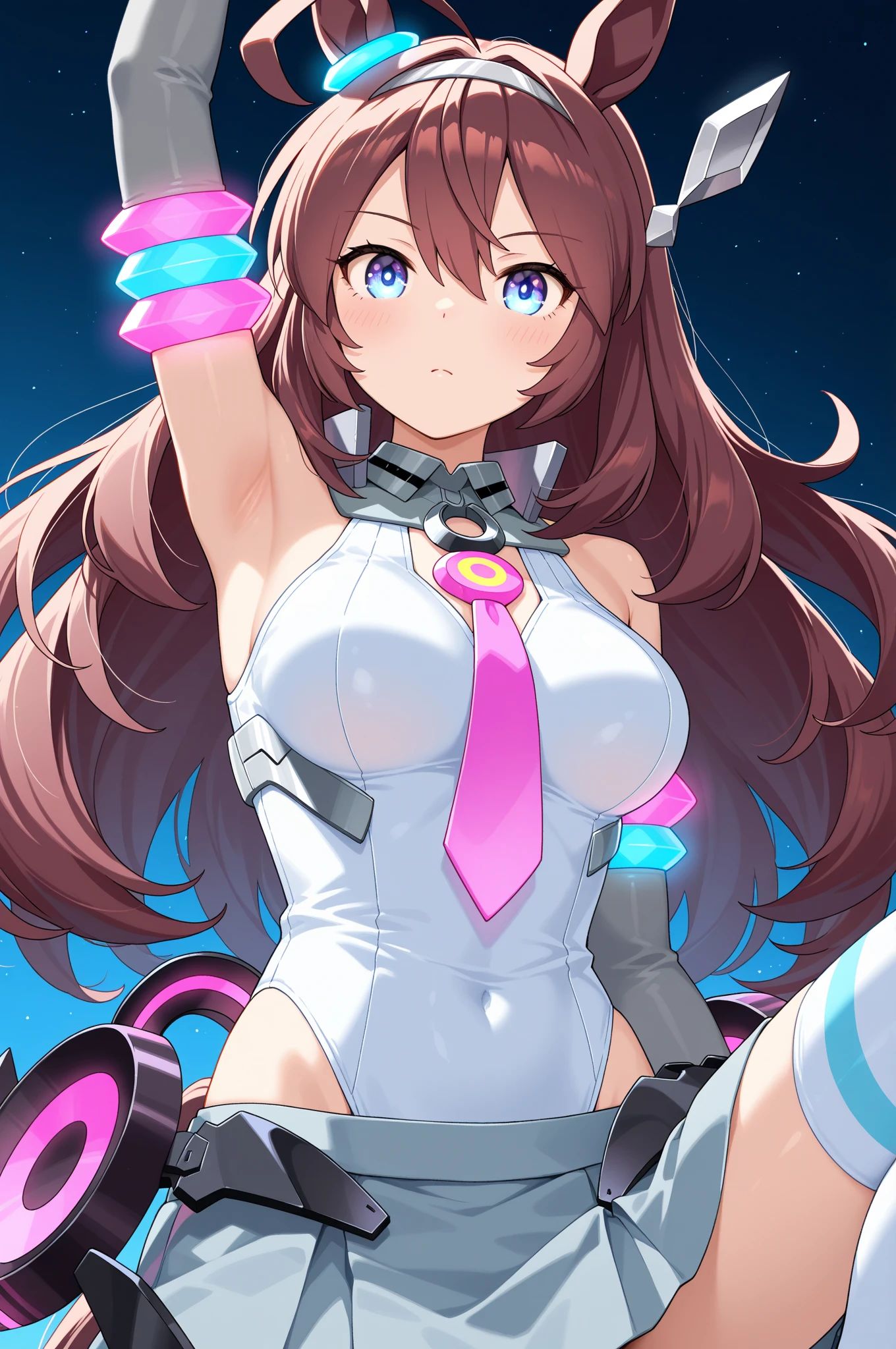 very detailed、masterpiece、high quality、one high school girl、12 years old、Loli、(white and pink space suit)、front zipper、(Futuristic, Tight Fit Bodysuit)、headphone、Cyberpunk space station interior background、(blonde),ロングtwin tails, (pink eyes), change,twin tails,sassy change，cheey change，mesugaki,girl,天才girl、(big breast):1.1,(blush):1.1、
