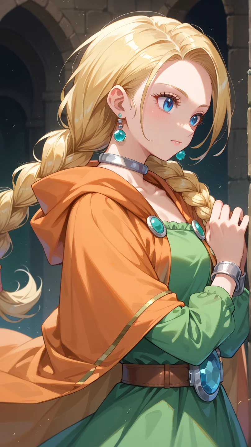 (ultra detailed),Upper Body Up､Smile、Indoor、bianca \(Dragon Quest,Blonde Hair,braided ponytail,one line braid,hair ornament,hair on shoulders with Scrunchie,hair ornament,Blue Eyes,Lashes,gem,gem,ear piercing,Cross Earrings,bracelet to enter the ocean,silver choker,Orange Cape,green dress,off sleeve ,Dress with sleeves,Long Cape,belt buckle, green legwear,boots,Green Skirt,long skirt,(masterpiece),(best quality),hi-res,Anime,shiny skin,