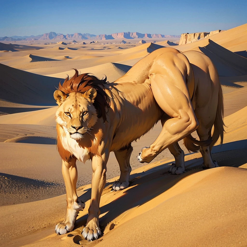 Create an image of a lion and a donkey and a prophet's body lying in the desert