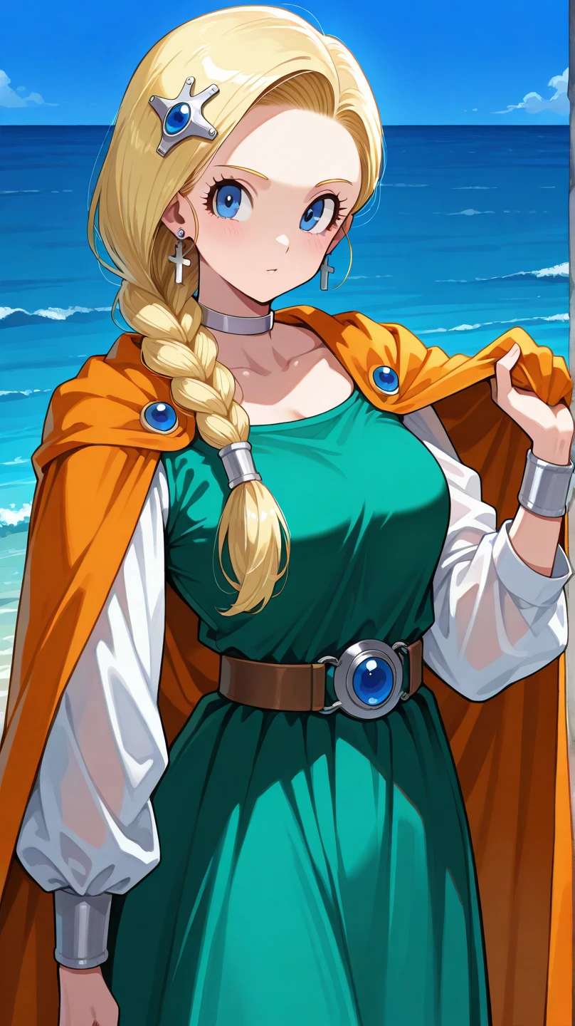 (ultra detailed),Upper Body Up､Smile、Indoor、bianca \(Dragon Quest,Blonde Hair,braided ponytail,one line braid,hair ornament,hair on shoulders with Scrunchie,hair ornament,Blue Eyes,Lashes,gem,gem,ear piercing,Cross Earrings,bracelet to enter the ocean,silver choker,Orange Cape,green dress,off sleeve ,Dress with sleeves,Long Cape,belt buckle, green legwear,boots,Green Skirt,long skirt,(masterpiece),(best quality),hi-res,Anime,shiny skin,