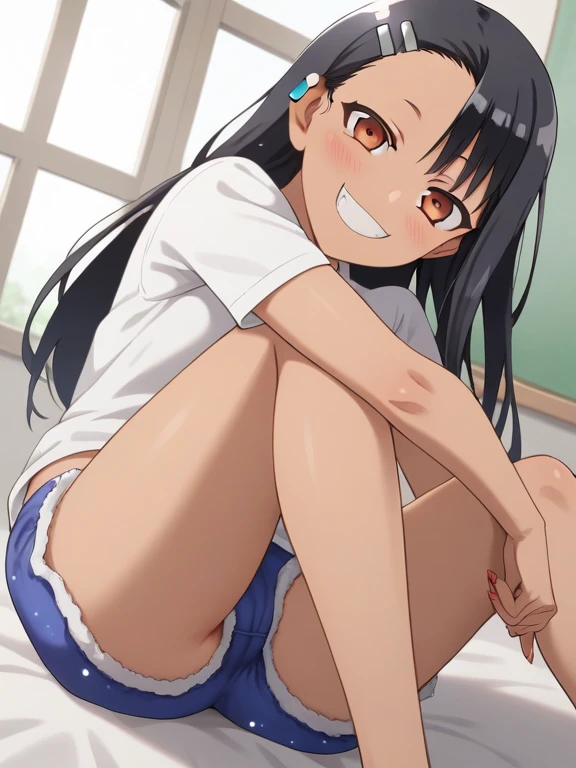 yukimi, 10., long hair, dull bangs, flat chest, No expression, shy, whole body, highest quality,  (randoseru backpack:1.4), garden、In underwear、angle from below、kneel down、(small area white panties:1.4)、(masturbation:1.4)、(put your hand inside your pants:1.4)、Striped pattern、embarrassing、Transparent、